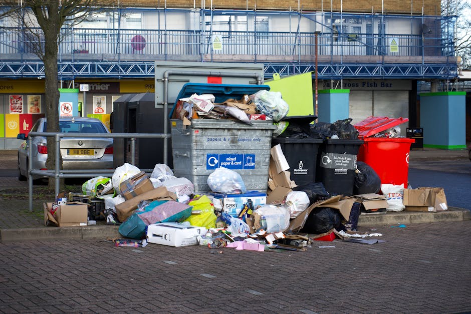 Four separate waste collection bins lined up along a paved surface in an outdoor setting, positioned against a background of rocks and sparse shrubbery. The first bin from the left is green with a bla